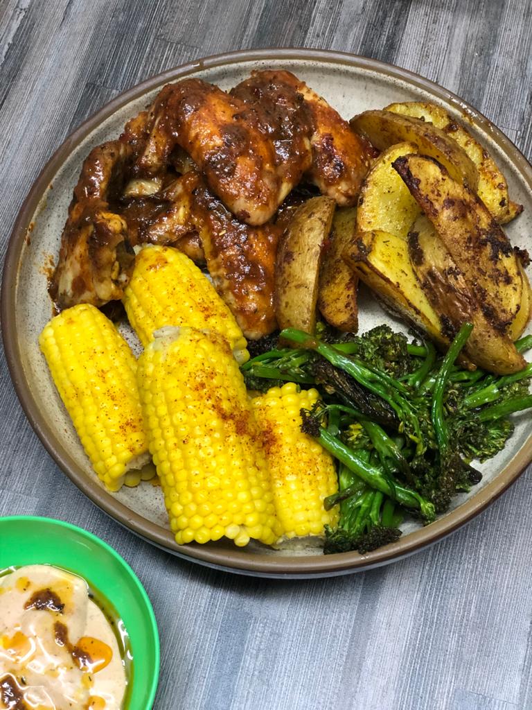 Thursday night dinner 4 2, Spicy wings, turmeric potatoes, Charred broccolini and that 100 000 sauce