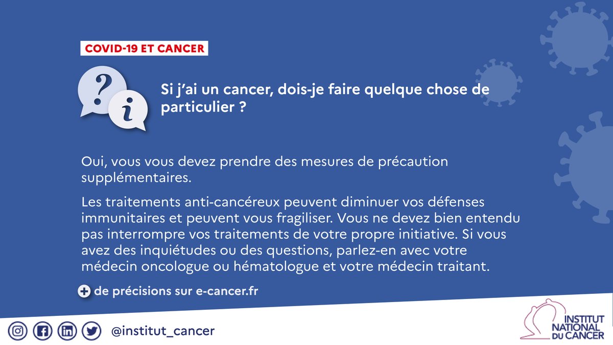 #COVID19 #Cancer
Vous vivez avec un cancer ? Soyez particulièrement attentif aux consignes des autorités de santé et respectez-les scrupuleusement. Sensibilisez votre entourage et invitez-le à respecter également ces consignes.
Plus d'infos sur bit.ly/2xk3KXv
