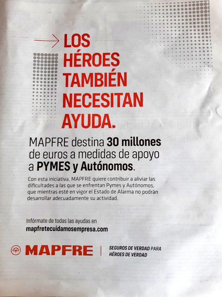 LuzGCajete's tweet photo. Mucho #orgullo al ver el anuncio de @MAPFRE en los periódicos de hoy. @MAPFRE_ES apoya a #autonomos, #PYMES, y con su #Publicidad también a los #mediosdecomunicación, que  están al pie del cañón en esta crisis #covid19ESP, y también necesitan ayuda. #JuntosLoConseguiremos https://t.co/1m0N0XkO75