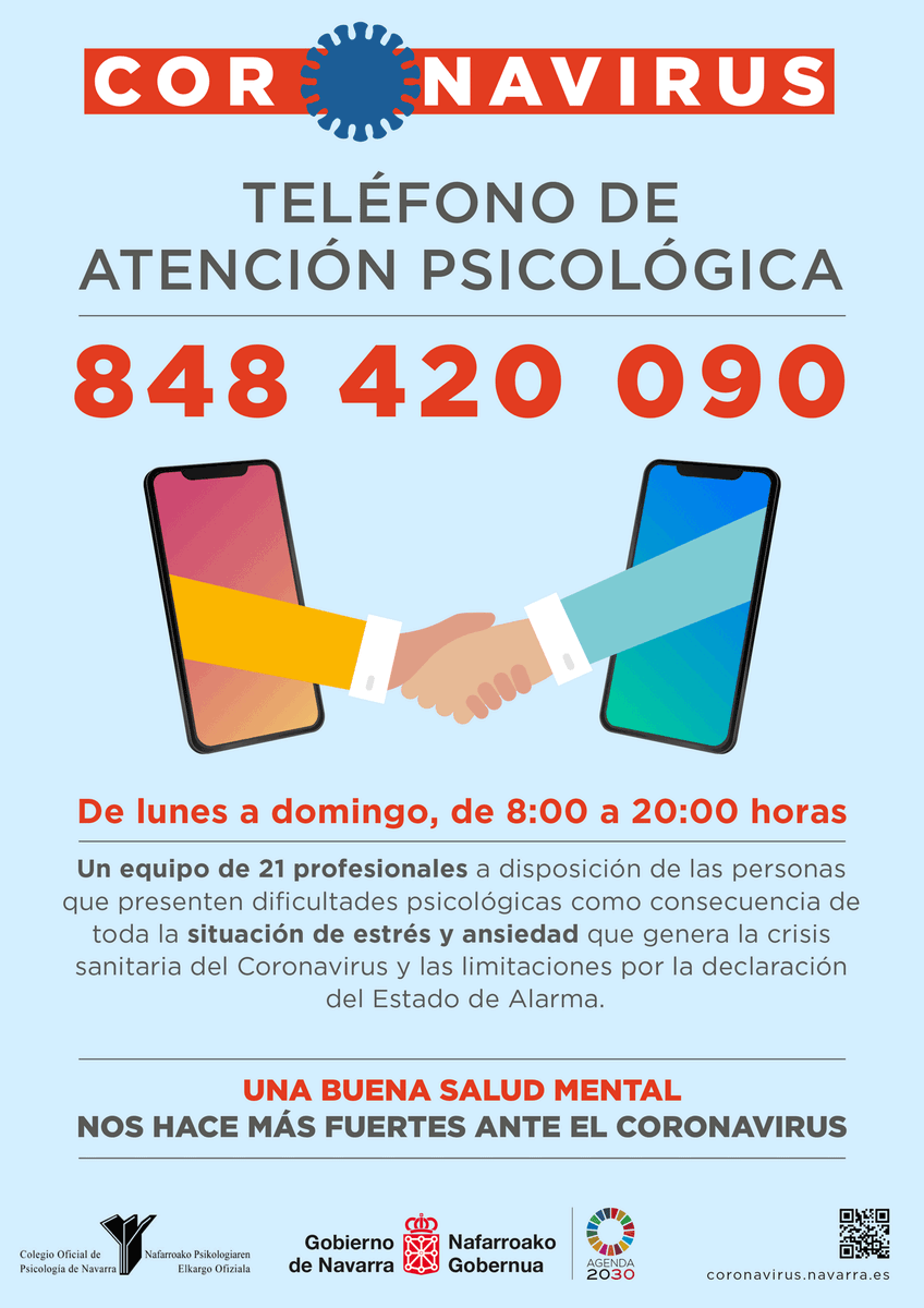 gob_na's tweet photo. #CoronavirusNavarra #Covid19 #KoronabirusaNafarroa
🧠 Una buena salud mental es imprescindible. Ponemos a tu disposición el teléfono de atención psicológica /Buruko osasun ona izatea ezinbestekoa da. Zure eskura jarri  dugu arreta psikologikorako telefonoa 📞848420090
@salud_na https://t.co/jL6ng4sdl2