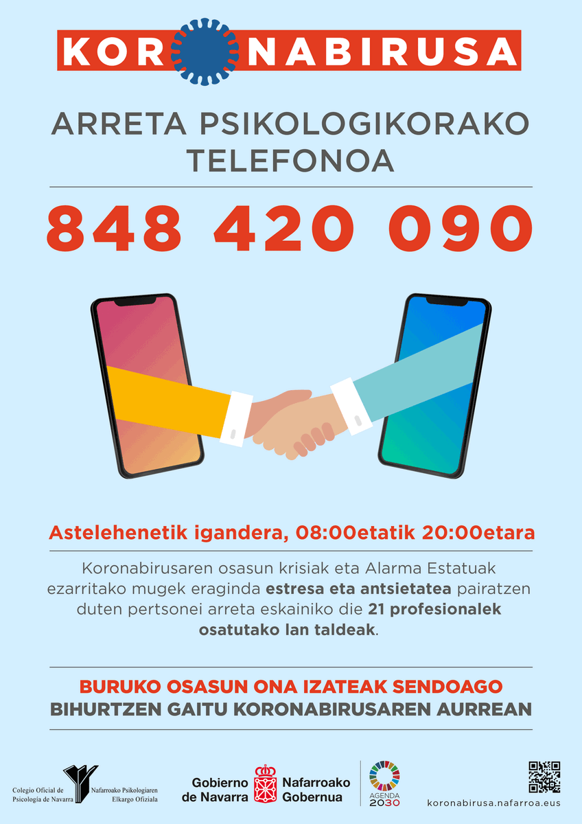 gob_na's tweet photo. #CoronavirusNavarra #Covid19 #KoronabirusaNafarroa
🧠 Una buena salud mental es imprescindible. Ponemos a tu disposición el teléfono de atención psicológica /Buruko osasun ona izatea ezinbestekoa da. Zure eskura jarri  dugu arreta psikologikorako telefonoa 📞848420090
@salud_na https://t.co/jL6ng4sdl2