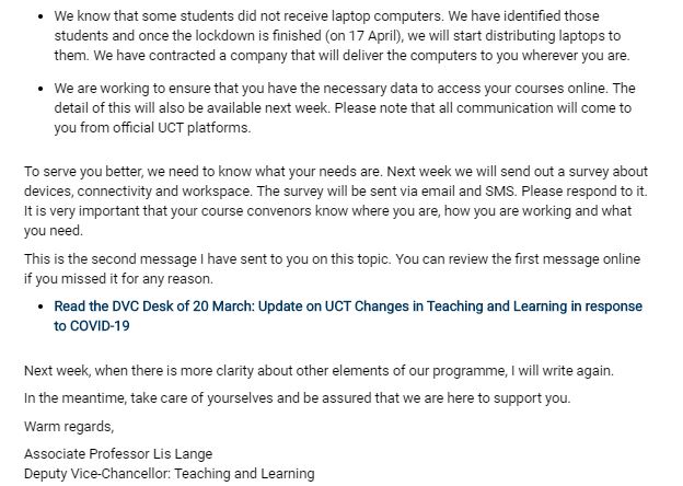 UCT_news's tweet photo. DVC: Teaching and Learning, Associate Professor Lis Lange, writes to provide an update on what the new term at UCT will look like: https://t.co/ghp1EpdIz0 https://t.co/STjudBiTHU