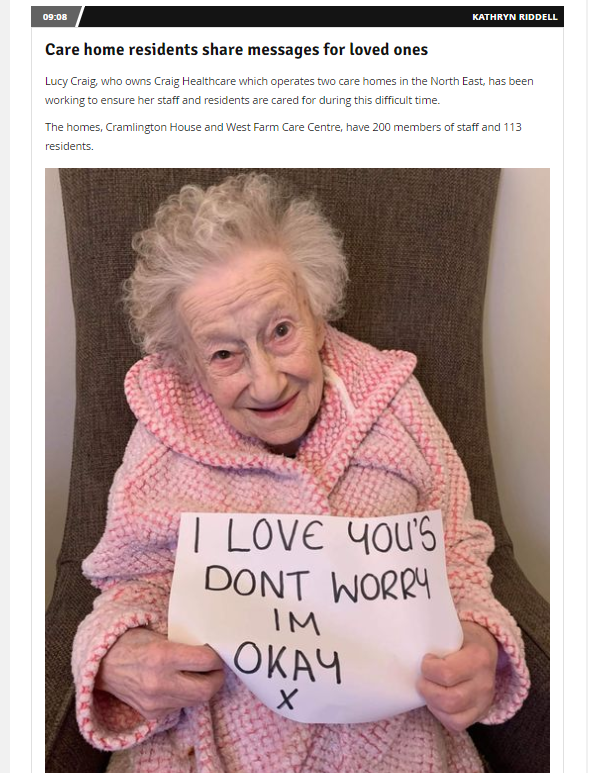 CraigHealthcare's tweet photo. We're so happy to have made the @ChronicleLive's North East Acts of Kindness Blog 😃🙌💜One of our residents at West Farm, Doreen Hall, has made a star appearance 🤩💞https://t.co/KBtohdqCCG #coronavirus #care #kindness #northeast @TynesideFoodsrv https://t.co/FzlfW5FXMm