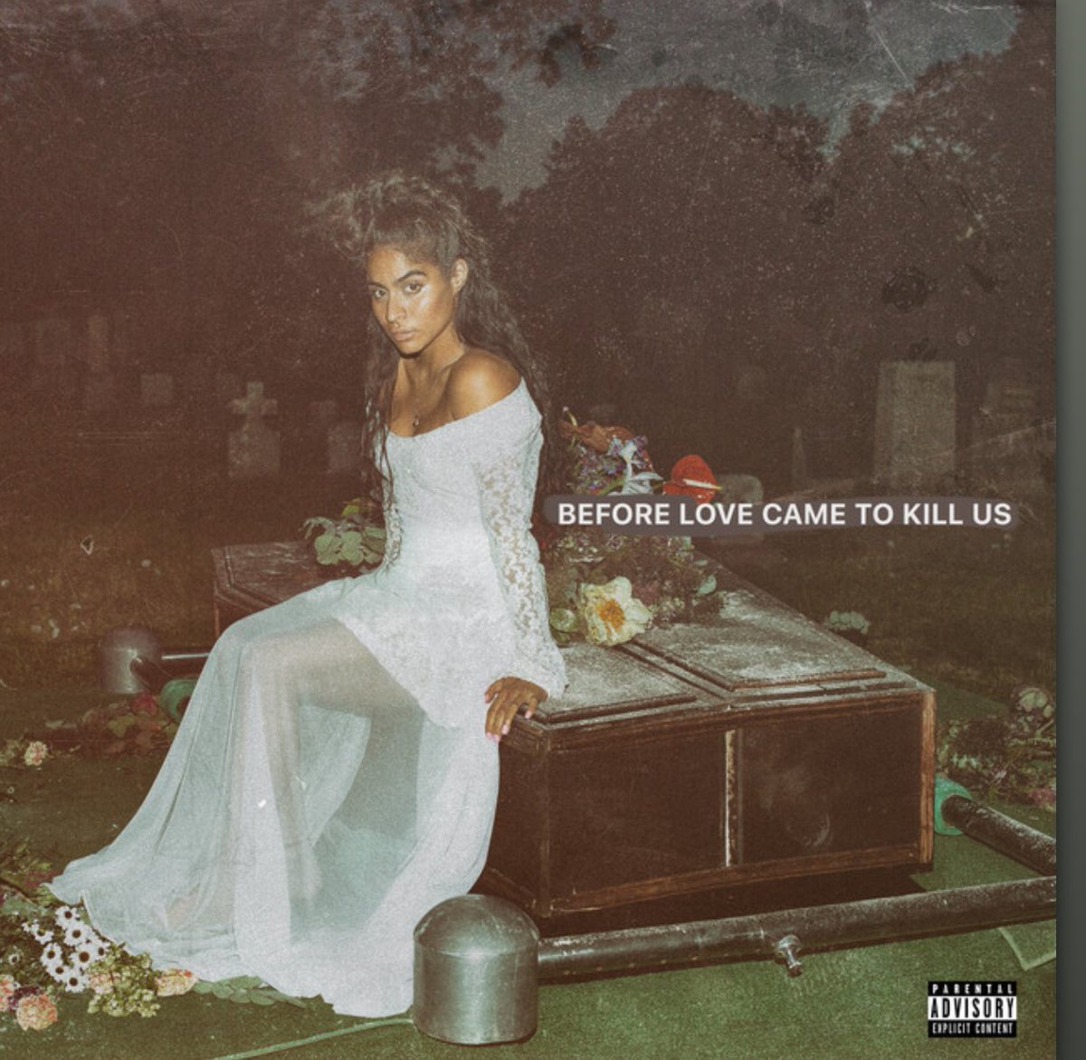 ColorYeah's tweet image. "Coffin" 
We'll need a coffin, handmade for two, cause I love you to death just like a fool

Album cover: her sitting on a coffin made for 2.  Yo forreallll the album cover is fire too.

#BeforeLoveCameToKillUs ❤ @Jessiereyez