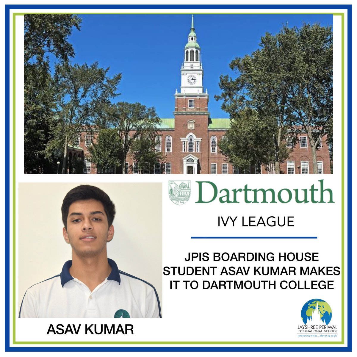 JPite Asav Kumar, in a phenomenol achievement, makes it to the coveted Ivy league Dartmouth College. Dartmouth has established itself as one of the best institutions in the world for academic brilliance and unparalleled faculty!
#dartmouth #dartmouthcollege #jpis
