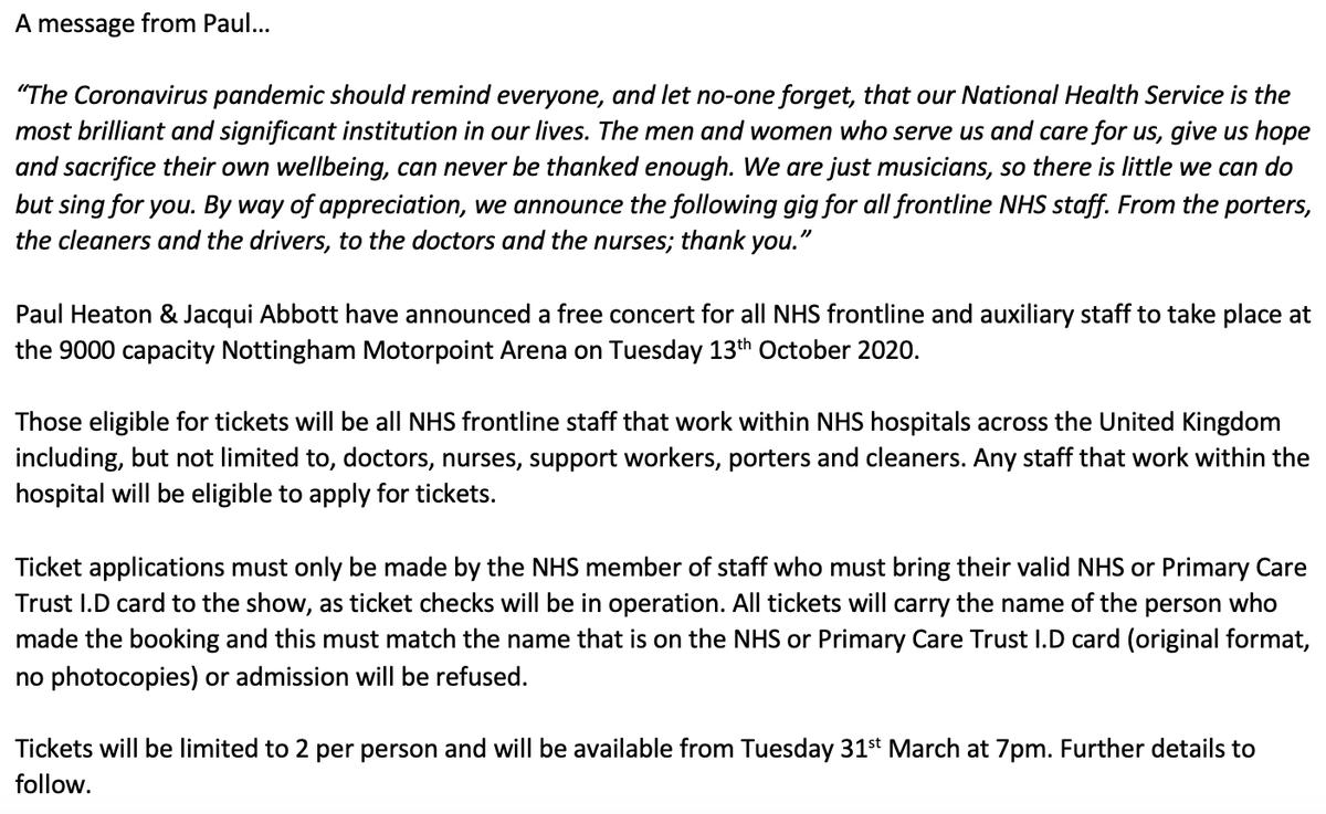 PaulHeatonSolo's tweet photo. Tickets for Paul &amp; Jacqui's Free Concert For NHS Workers at @nottinghamarena will be available to NHS frontline staff from 7pm on Tuesday 31st March from the following link https://t.co/J0XyRt5a4I https://t.co/LSXm7TCKFk