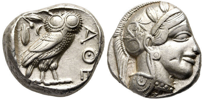 Attica or the Athenian Owl. Athens 454-404 BCE.

Obv: Helmeted head of Athena right, with frontal eye.
Rev: AΘE. Owl standing right, head facing; olive sprig and crescent to left; all within incuse square.

#athenianowl #greekcoins #ancientgreek #ancientcoins #rarecoins #Greece