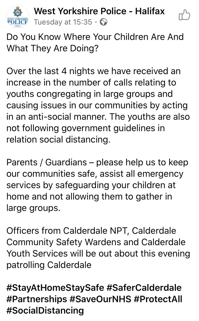 TrinityAcademyH's tweet photo. Wise words from West Yorkshire Police. #StayAtHome #safercalderdale #Partnerships #SaveOurNHS #ProtectAll #SocialDistancing https://t.co/42Xu5RPD55