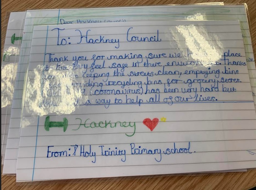 jonburkeUK's tweet photo. Huge thanks to the children of key workers at @HT_Primary, who wrote these letters of thanks and support to Hackney's fantastic front line waste operatives. 

I think I have something in my eye...😢 https://t.co/3hveXXHSlg