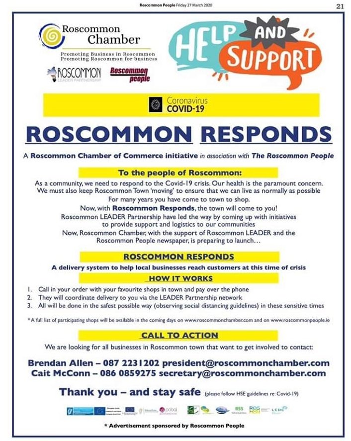 Roscommon County Council (@roscommoncoco) on Twitter photo Well done to <a href="/RosPeople/">Roscommon People</a> and Roscommon Chamber of Commerce <a href="/ChamberRos/">Caitlin McConn</a> for implementing Roscommon Responds- a delivery system to help.local businesses to reach customers at this time of crisis. #covid19 #SocialDistancing #roscommon Well done to <a href="/RosPeople/">Roscommon People</a> and Roscommon Chamber of Commerce <a href="/ChamberRos/">Caitlin McConn</a> for implementing Roscommon Responds- a delivery system to help.local businesses to reach customers at this time of crisis. #covid19 #SocialDistancing #roscommon