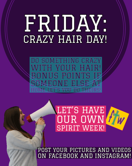 FaithWorks_kids's tweet photo. It’s Crazy Hair Day! Post pics &amp; videos BY 1:00pm TODAY! They’re worth 10 points! 20 points if you let their do your hair, too! We’re adding up points from this week and having PIZZA delivered to the winning family TONIGHT! Don’t forget to tag us to be counted! #stayconnected https://t.co/EYT8BwMS5K