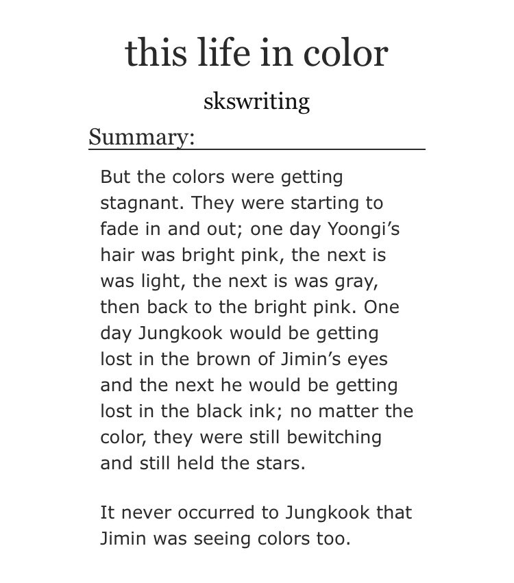 ➳「 this life in color 」‧₊˚࿐< link:  https://archiveofourown.org/works/9689429  >♡︎ - angst and fluff ♡︎ - emotional hurt/comfort ♡︎ - i absolutely love the way the author wrote this ♡︎ - trigger warning: homophobia (the 'f' slur is used) ⚠︎︎