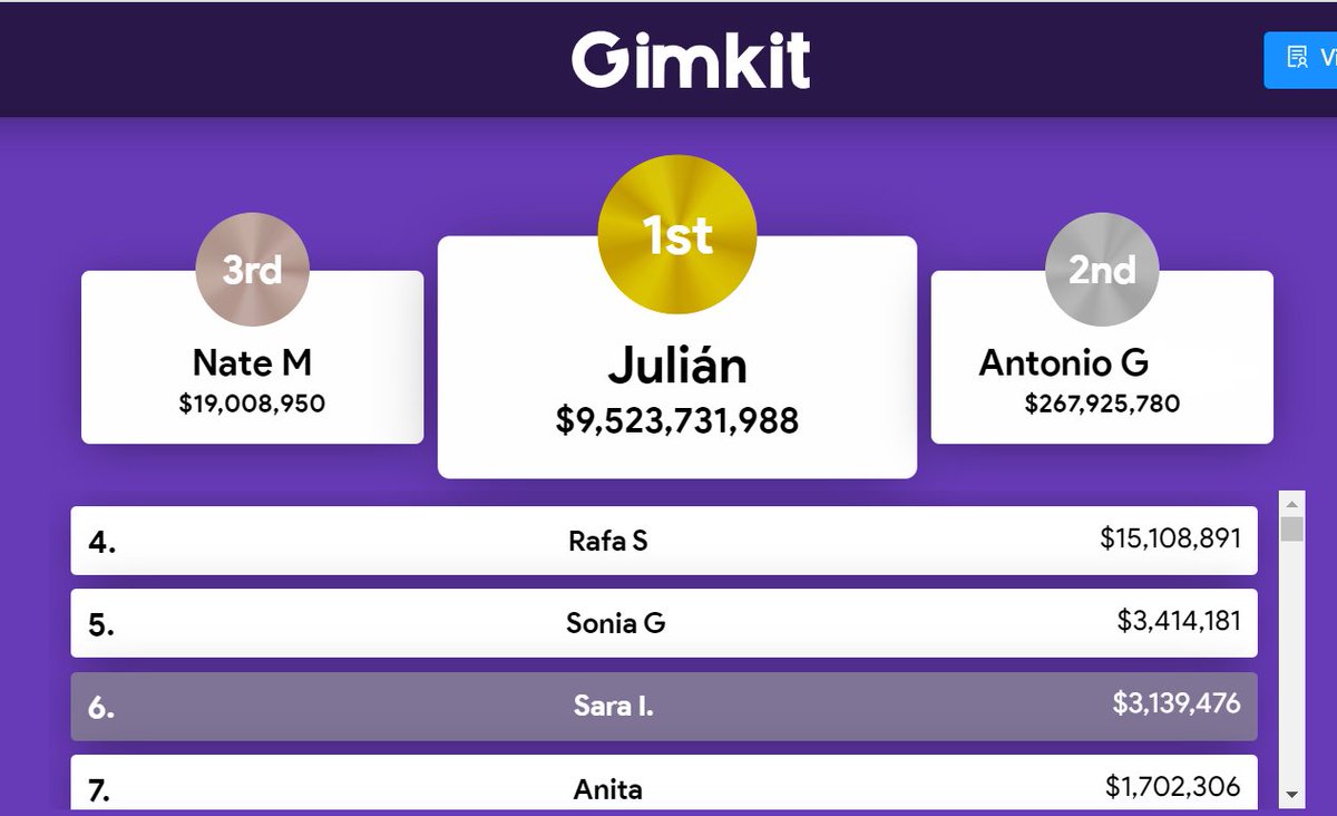 ProfeStathakis's tweet image. ¡Enhorabuena, estudiantes! We miss seeing you in our classrooms but loved being able to all play a game #Together live through #Gimkit.  #D53Learns #D53Cares