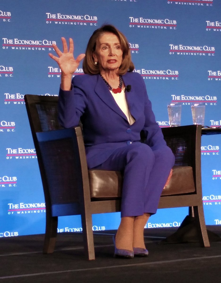 TrinityDC's tweet photo. @TRINITYPREZ .@TrinityDC graduate @SpeakerPelosi shows her purple #TrinityDCPride @TheEconomicClub https://t.co/qZnmNbBUr7
