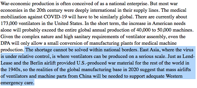 "War-economic production is often conceived of as a natl enterprise. But most war economies in the 20thC were deeply international in their supply lines. The medical mobilization against COVID-19 will have to be similarly global" ht  @njtmulder  #viraltime  https://foreignpolicy.com/2020/03/26/the-coronavirus-war-economy-will-change-the-world/