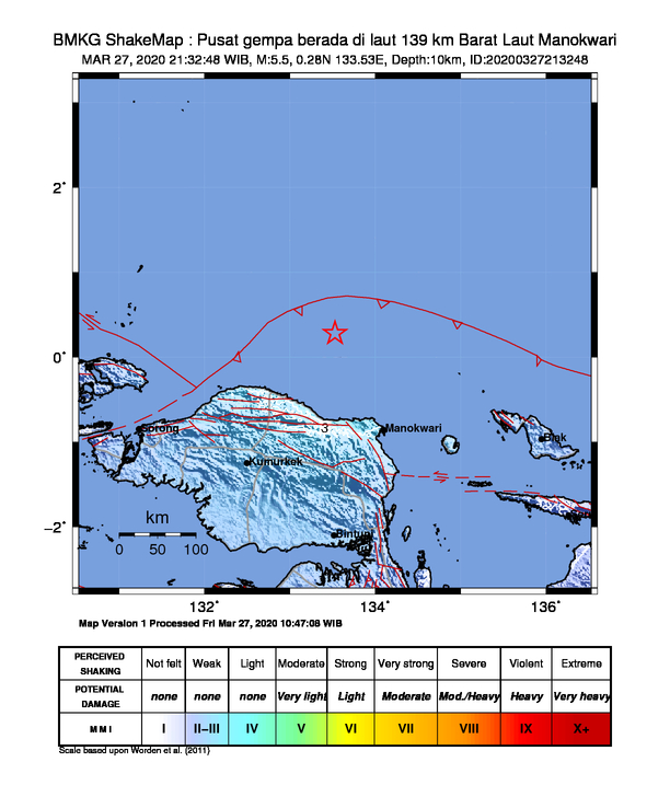 #Gempa Mag:5.5, 27-Mar-20 21:32:48 WIB, Lok:0.28 LU, 133.53 BT (Pusat gempa berada di laut 139 km Barat Laut Manokwari), Kedlmn:10 Km Dirasakan (MMI) II-III Manokwari #BMKG