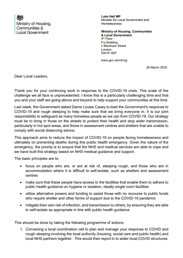 HomelessAPPG's tweet photo. Yesterday the Gov wrote to local authorities asking them to house everyone sleeping rough by the weekend 👇
While this is welcome we must make sure local authorities are funded properly to do this.
We must also ensure that people aren't back on the street when the crisis is over. https://t.co/dJUAJxZri4