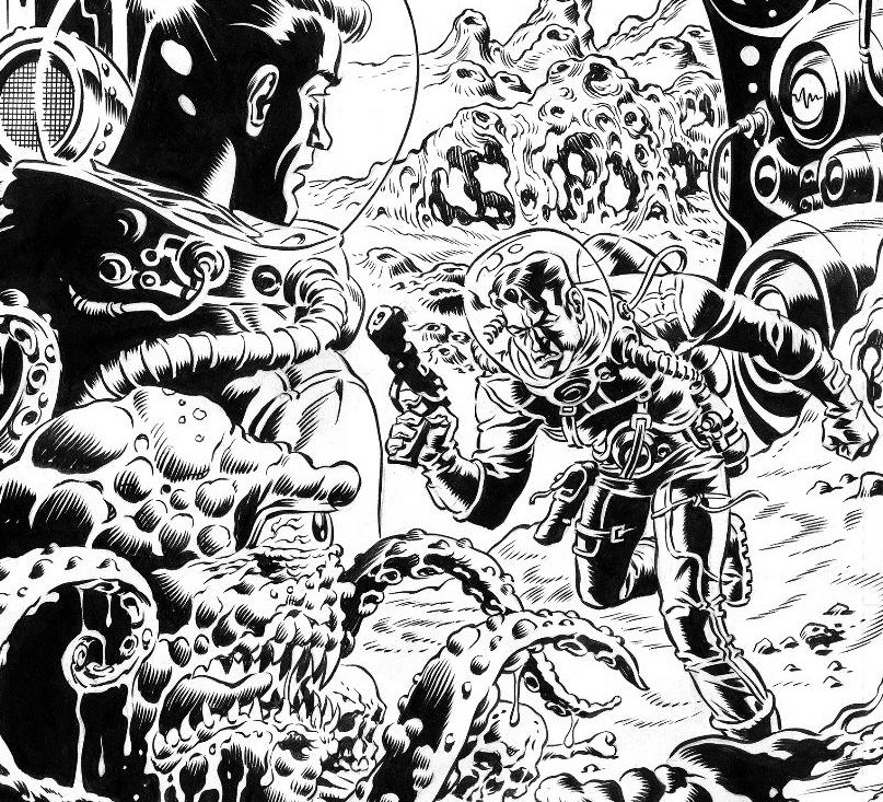 HilaryBarta's tweet photo. Happy birthday to my long distance friend, writer #IvanBrandon. This is from a short story I did many years ago for Iván's book NYC MECH. It includes a loving homage to/swipe of a drawing by Wallace Wood. https://t.co/BfvPK1qZtO