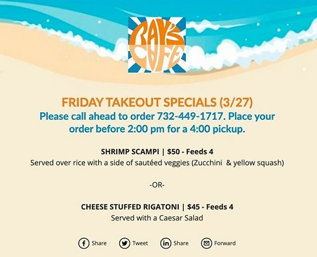 RaysCafeNJ's tweet photo. Friday dinner takeout specials include Shrimp 🍤 Scampi and Cheese Stuffed Rigatoni! Call 732-449-1717 to place your orders. Breakfast &amp; Lunch all day, #stayhome #stayhealthy #supportsmallbusiness https://t.co/UW8DnYEOU6 https://t.co/mV5acIRm2y