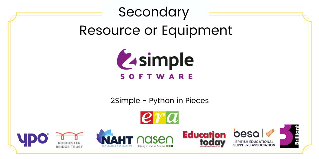 besatweet's tweet image. The winner of the Education Resources Award for Secondary Resource or Equipment is @2SimpleSoftware Python in Pieces! Congratulations! #ERA2020
