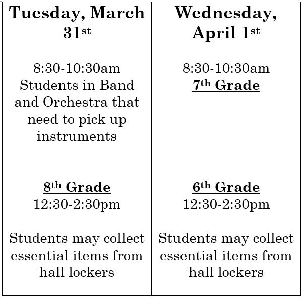HadleyUSD259's tweet photo. Hadley Students Essential Items Locker Pick-up Schedule:
If students need things from their hallway lockers and instruments, see below: https://t.co/512XUeUTUE