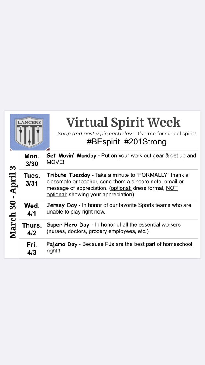 BTHSEastLancers's tweet photo. Lancers - Are you ready to show some school spirit??? Next week!! Let's do this! #BEspirit #201 Strong https://t.co/2q4tWaR54k