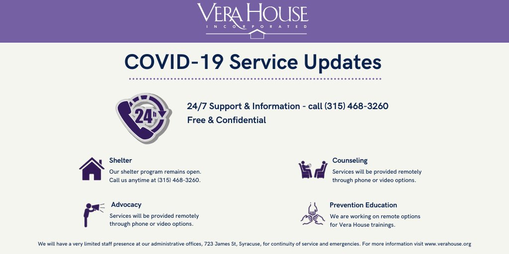 We hope that you and your families are staying safe and taking care of yourselves during these uncertain times.

Our primary focus is on providing client services, which we do 24/7, and we are going to do our best to continue to do that. If you need help, call ☎ 315-468-3260.