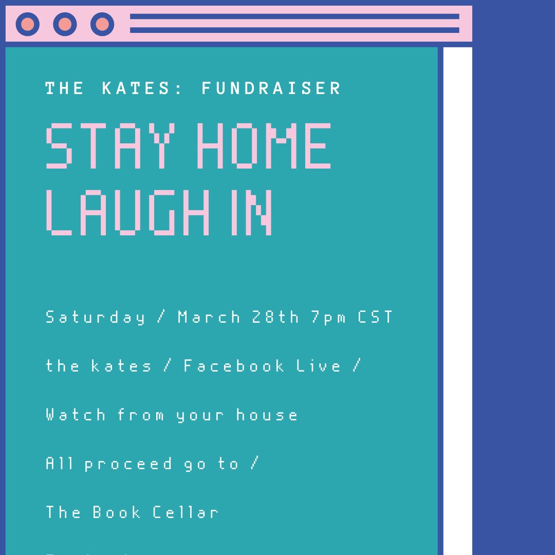 .<a href="/thekatescomedy/">thekates</a> Fundraiser for <a href="/BookCellar/">Book Cellar</a> TOMORROW 7pm CST @Facebook LIVE on #thekatescomedy 🎉 Viewing &amp; donation info here: thekates.org 👈 #stayhome #chicago #fundraising #FridayFeeling @SoliComedy <a href="/amy_sumpter/">amy sumpter</a> <a href="/mktomasek/">Maggie Tomasek</a> @OniciaMuller <a href="/JuannaRumbel/">Dusty Epilady</a> <a href="/dananorris/">Dana Norris</a>