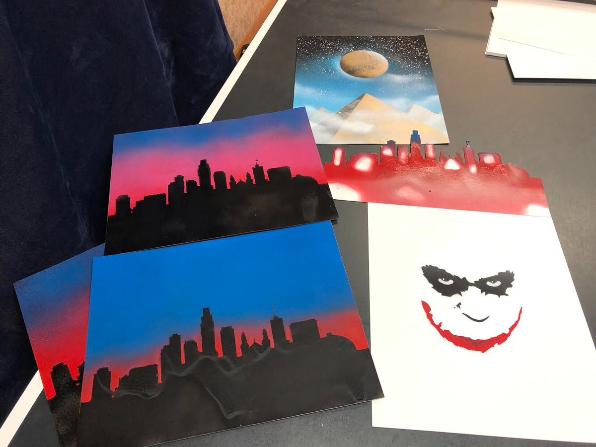 SkyhawkArt's tweet photo. This year, Junior @MFullinfaw has been pursuing spray paint as a medium for his artwork. The new spray booths in the Hassenstab Studios have been great for this, but quarantine can't stop passion. Here are some recent works he did at home using hand-cut stencils. https://t.co/6dCbhkM4rZ