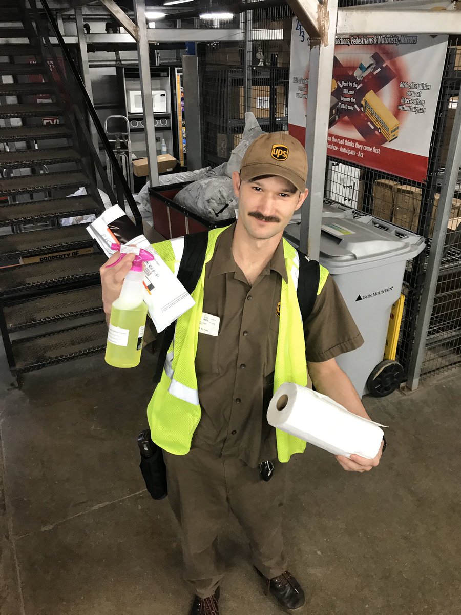 CHSP team in Chillicothe making up spray bottles for package cars this morning.  The supplies may be hard to find right now, but we are not going to roll over and stop doing the little things to keep us all safe.  @LeighGuilkey @OhioValUPSers #UPSstrong #disenfectallthesurfaces