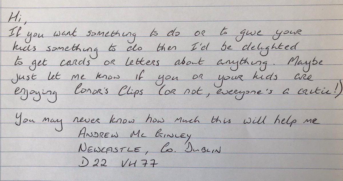 I’m looking for a favour. I’m struggling with isolation like you all but really missing the company. I was also enjoying most of the letters that I received so I have a request. Can you write to me? If you feel like using one of your An Post postcards then great. Letters welcome.