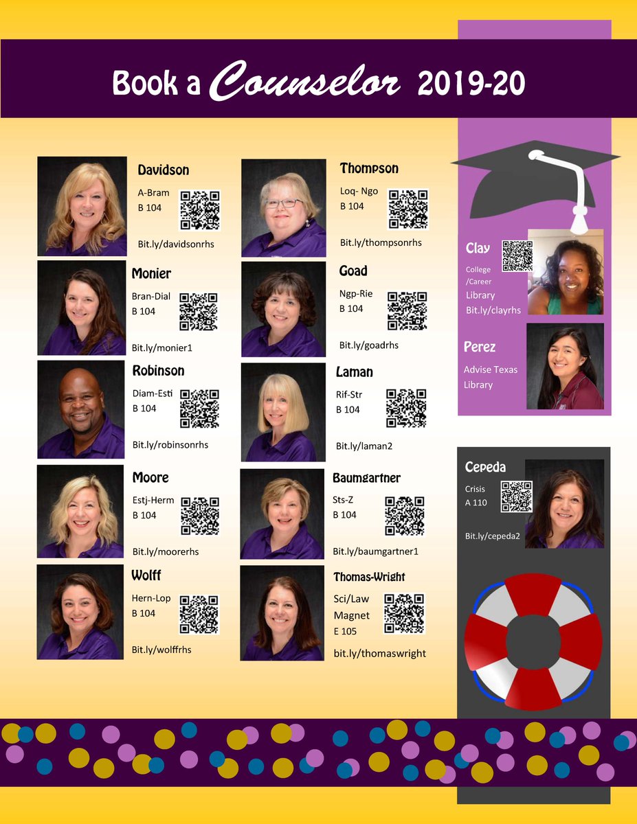 rhs_counselors1's tweet photo. RHS students, your counselors are here for you! Use the QR code, bitly or email if you have a question or need assistance. Email is always firstname.lastname@risd.org. We're available for phone calls, email, or Google Hangout. @RHSPTA 💜🦅💛 https://t.co/rCcb2ZTrjU