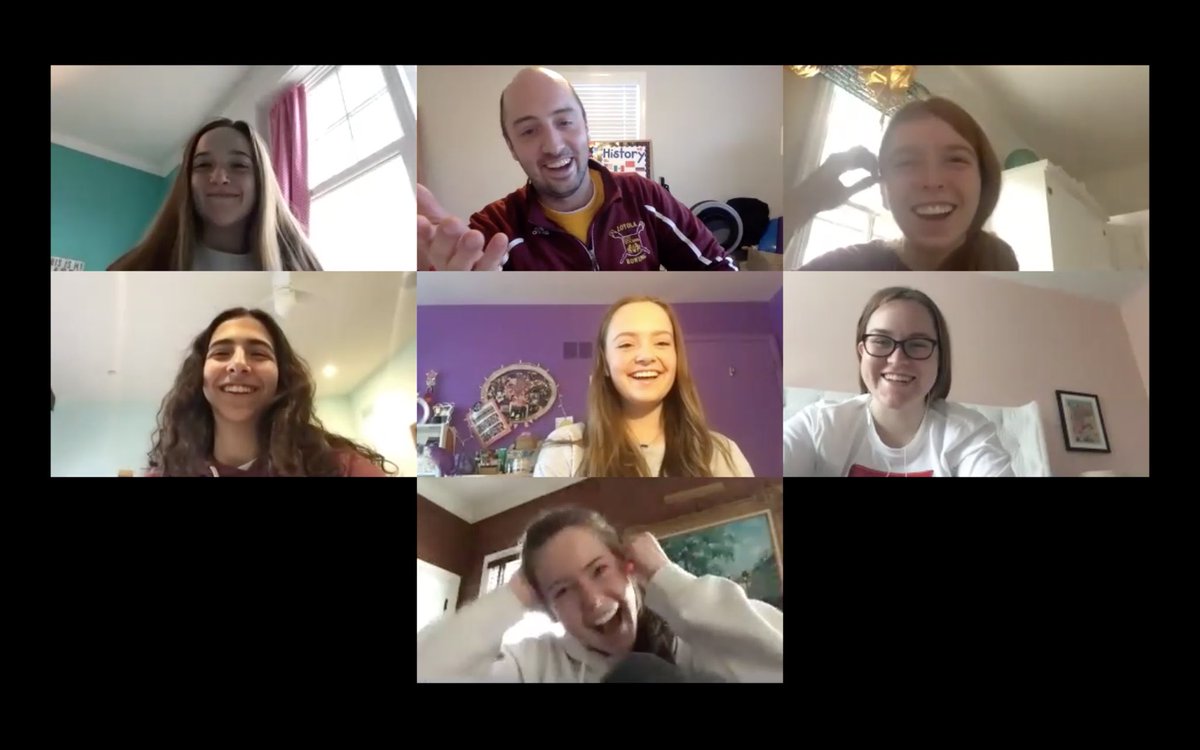 LoyolaAcademy's tweet photo. Social Studies Teacher and #LAalum Mr. Mark McGuire ‘06 raises the roof for Democracy with his political science students during a recent Zoom class meeting session. @LAAlumniNetwork #goramblers https://t.co/pKDGvbbqj7