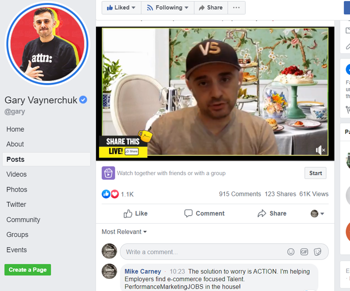 CPAMktgJobs's tweet photo. Tea with @garyvee is back on. Watching on FB. https://t.co/zbGFfXVOhx