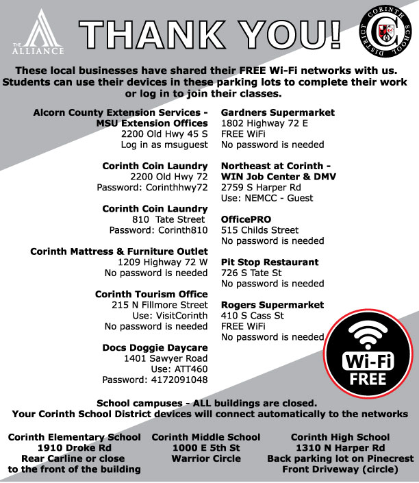 CorinthSchools's tweet photo. If you need WiFi, each school and these businesses have provided their information and will allow you to sit in their parking lots and use their WiFi! Thank you to @CorinthAlliance for helping us identify businesses' parking lots for students to use WiFi! #DistanceLearningCSD https://t.co/vdDqpHCy9B