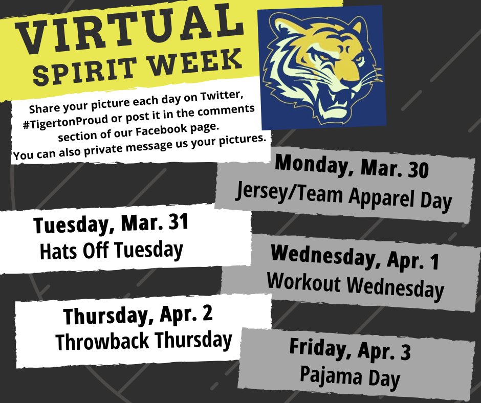 Tigerton Schools Spirit Week! March 30-April 3rd, See below for more details #TigertonProud <a href="/TigertonSchools/">School District of Tigerton</a>