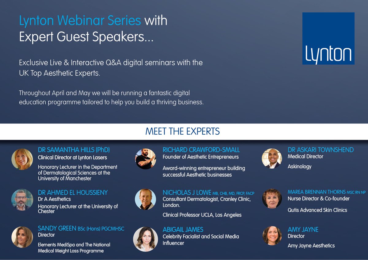 lyntonlasers's tweet photo. We are delighted to introduce our brand new webinar programme. 
If you’re interested in some authentic human stories from the aesthetics industry at this very surreal time in the UK right now then this is the webinar programme for you! #webinar
https://t.co/4RSafe4Pf7 https://t.co/kyYh02oolW
