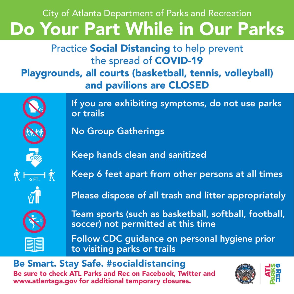 Atlanta_Police's tweet photo. APD REMINDER: It’s going to be a beautiful weekend and it will be tempting to get out and soak up the sun in our beautiful parks. But remember we cannot ease up on #SocialDistancing. Play it safe. Play it smart. Stop the spread. #COVID19 #FlattenTheCurve #APDCares https://t.co/lgQxDTKvtt