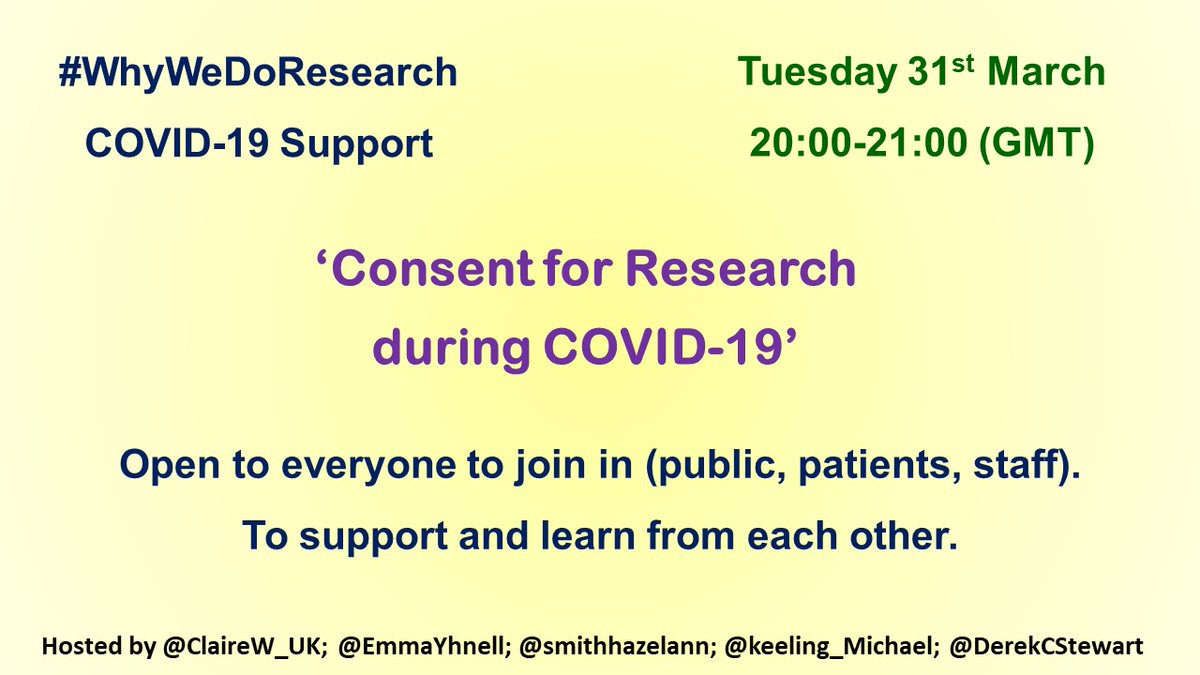 Next #WhyWeDoResearch tweetchat will explore consent for research during #COVID19. Open to everyone to participate &amp; it would be great to hear as many voices as possible. @PPI_NUIG <a href="/PPI_Ignite_DCU/">PPI Ignite Network at DCU</a> <a href="/PPI_Ignite_TCD/">PPI Ignite TCD</a> <a href="/PPI_Ignite_UL/">PPI Ignite UL</a> @HRB_CRCI <a href="/hrbtmrn/">HRB-TMRN</a> <a href="/UCDClinRes/">UCD Clinical Research Centre</a> <a href="/VickyLShepherd/">Victoria Shepherd</a>