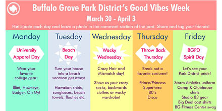 bg_parks's tweet photo. Next week is Spirit Week at the Buffalo Grove Park District! We want to see your good vibes. Please email your photos to marketing@bgparks.org for us to post. #socialdistancingfun #stayathomeactivities #spiritweek #goodvibes #bgparks #BGPDplays https://t.co/oexLokj0t0