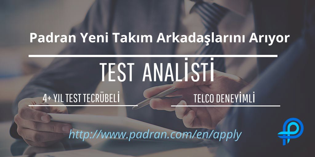 PadranInc's tweet photo. Padran yeni takım arkadaşlarını arıyor! Telco tecrübesi olan, minimum 4-5 sene tecrübeli Test Analisti takım arkaşları arıyoruz. Sağlıkla kalınız.
Detaylar ve başvuru için: https://t.co/xKuhcnJhDD
#Padran #JoinPadran #Job #Vacancy #Test #Analist #TestAnalisti https://t.co/izmshryWeK