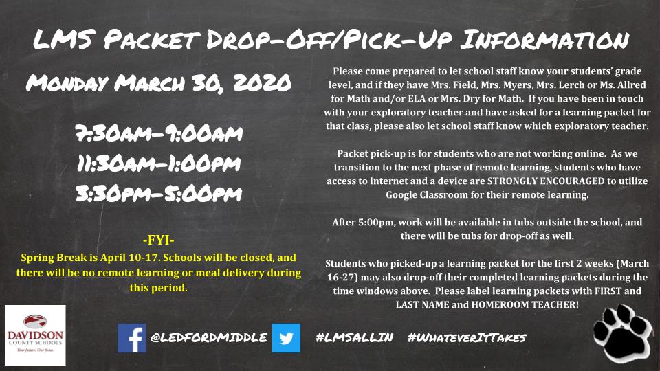 BruceCarrollEDU's tweet photo. LMS Packet Drop-Off/Pick-Up Information 

Monday March 30, 2020

7:30am-9:00am
11:30am-1:00pm
3:30pm-5:00pm https://t.co/083d40omZf