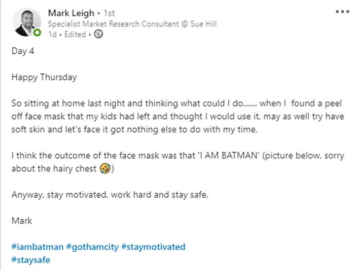 SHRmr's tweet photo. Day 4
We all have a little bit of unexpected time on our hands nowadays no matter how brief. Why not do something different?

I'm Batman 🦇 https://t.co/rMEQ2UwUuP