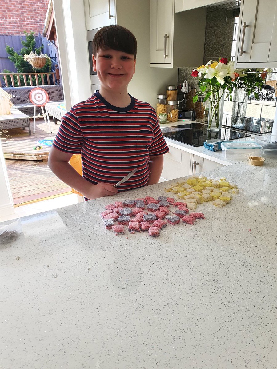 hevo1972's tweet photo. Charlie making coconut ice, not sure about the colours but hey hes being creative hope you teachers are all ok @BickerstaffeCE  charlie misses you so much https://t.co/crZTP6ttWc