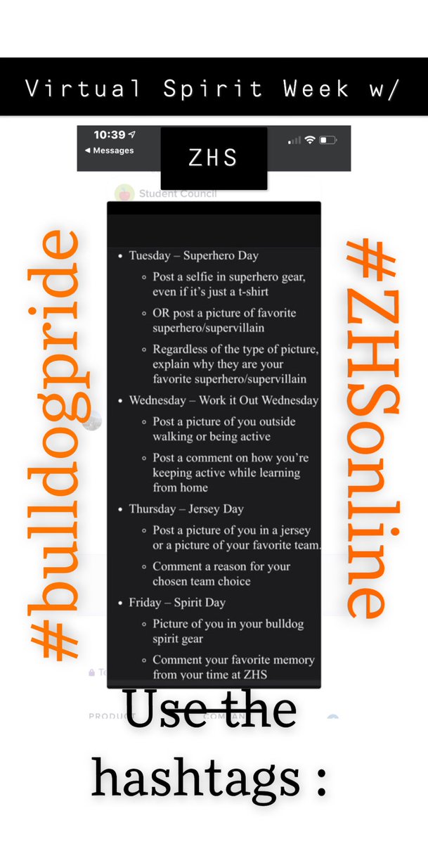 Virtual Spirit Week to help kickoff online leaning!! Join the Class of 2020 and the rest of Bulldog Nation as we take on this new endeavor with the hashtags: #bulldogpride &amp; #ZHSonline @ZHS_DrStanley @ZHSBriggs @MrsTophamZHS <a href="/ZephyrMoore/">Julie Moore</a> <a href="/ZHS2022/">ZHS Class of 2022</a> <a href="/ZHSBulldogs/">@ZHSBulldogs</a>