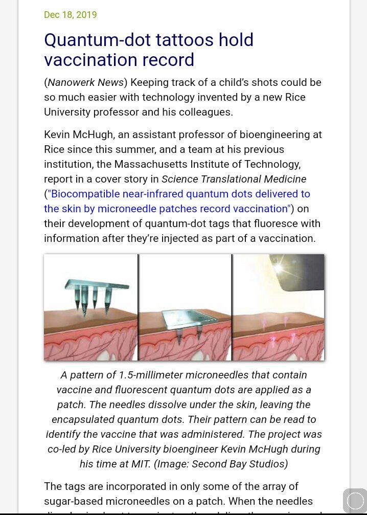 Here's how Gates Quantum Dot Digital Tattoo implant to track  #COVID2019 vaccine compliance works. It holds vaccination records inside your body. Combined with  #ID2020 it likely holds all your other details too.  https://www.nanowerk.com/nanotechnology-news2/newsid=54263.php