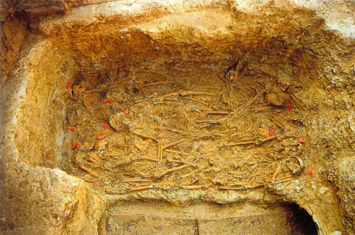 One of these graves was different from the restIt was large: 6.5m (21 ft) long and 1.6m (5 ft) deep. The pottery within dates it to ca. 430 B.C. The five successive layers of 89 skeletons “buried in a disorderly fashion” seems reminiscent of plague burials/16