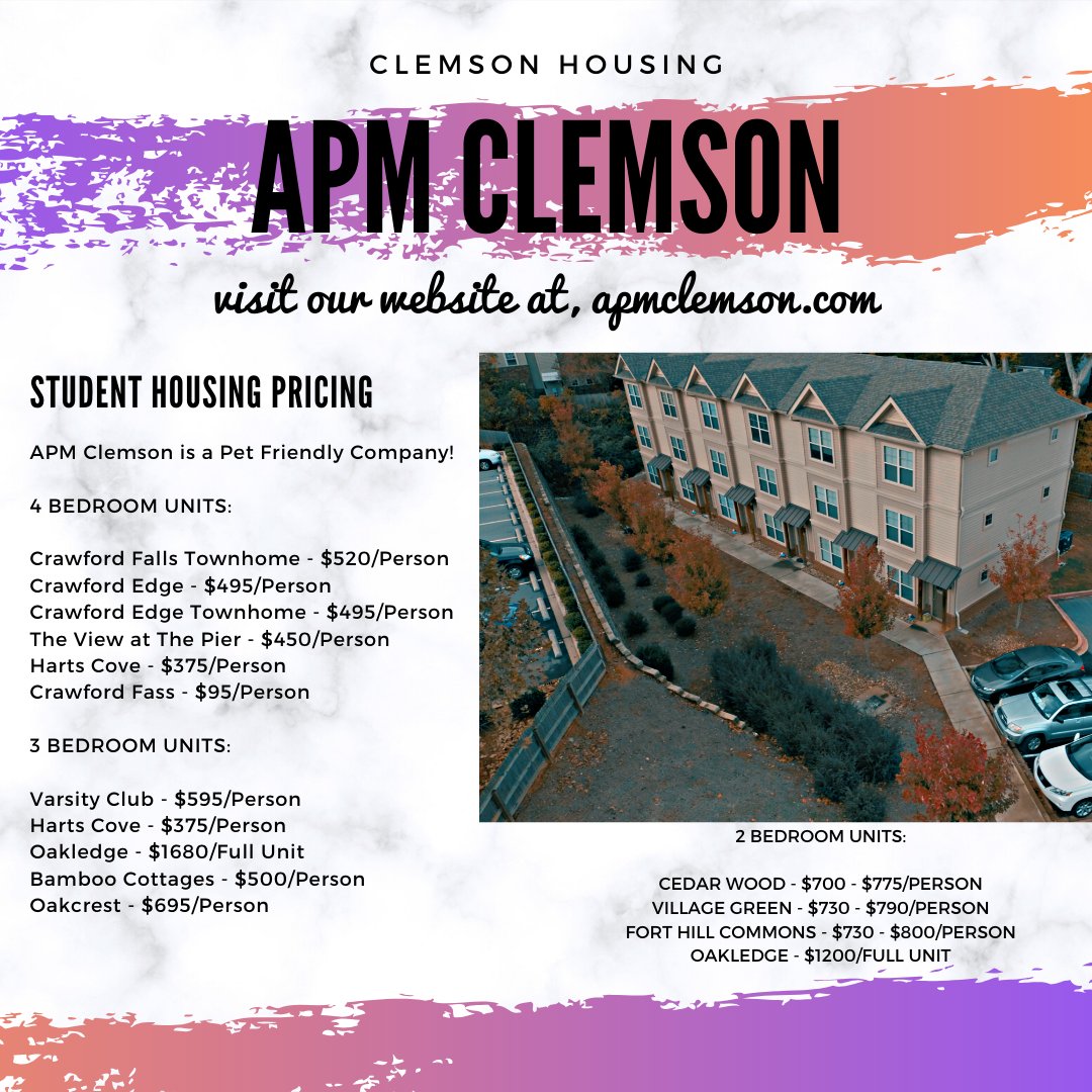 apm_clemson's tweet photo. Prices that can't be beat! We make apartment hunting easy! You can checkout and compare prices of many communicties here in Clemson, SC! Did we also mention we can find a place that allows your pet too?! Visit us today at, https://t.co/MT3yQufwzb 💜🧡#clemson #cu24 #cu23 #cu22 https://t.co/rfW9aBisd2