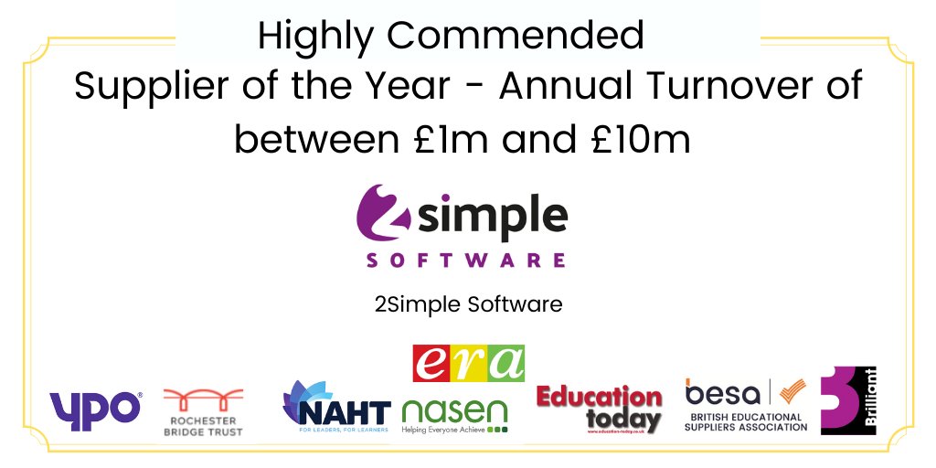 besatweet's tweet image. Highly Commended in the Supplier of the Year - Annual Turnover of between £1m and £10m category at the Education Resources Awards 2020 goes to @2SimpleSoftware! Very well done! #ERA2020