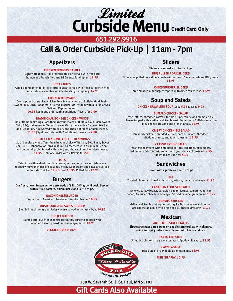 TomReidsPub's tweet photo. 🚨🚨 TOM-TO-GO is now available 🚨 🚨 
For health &amp; safety reasons, credit &amp; gift cards are the only forms of payment accepted. 
Thank you for all the love and support you have shown us over the last few weeks! We are humbled &amp; honored to continue to serve you. https://t.co/p2iHuqXb7L